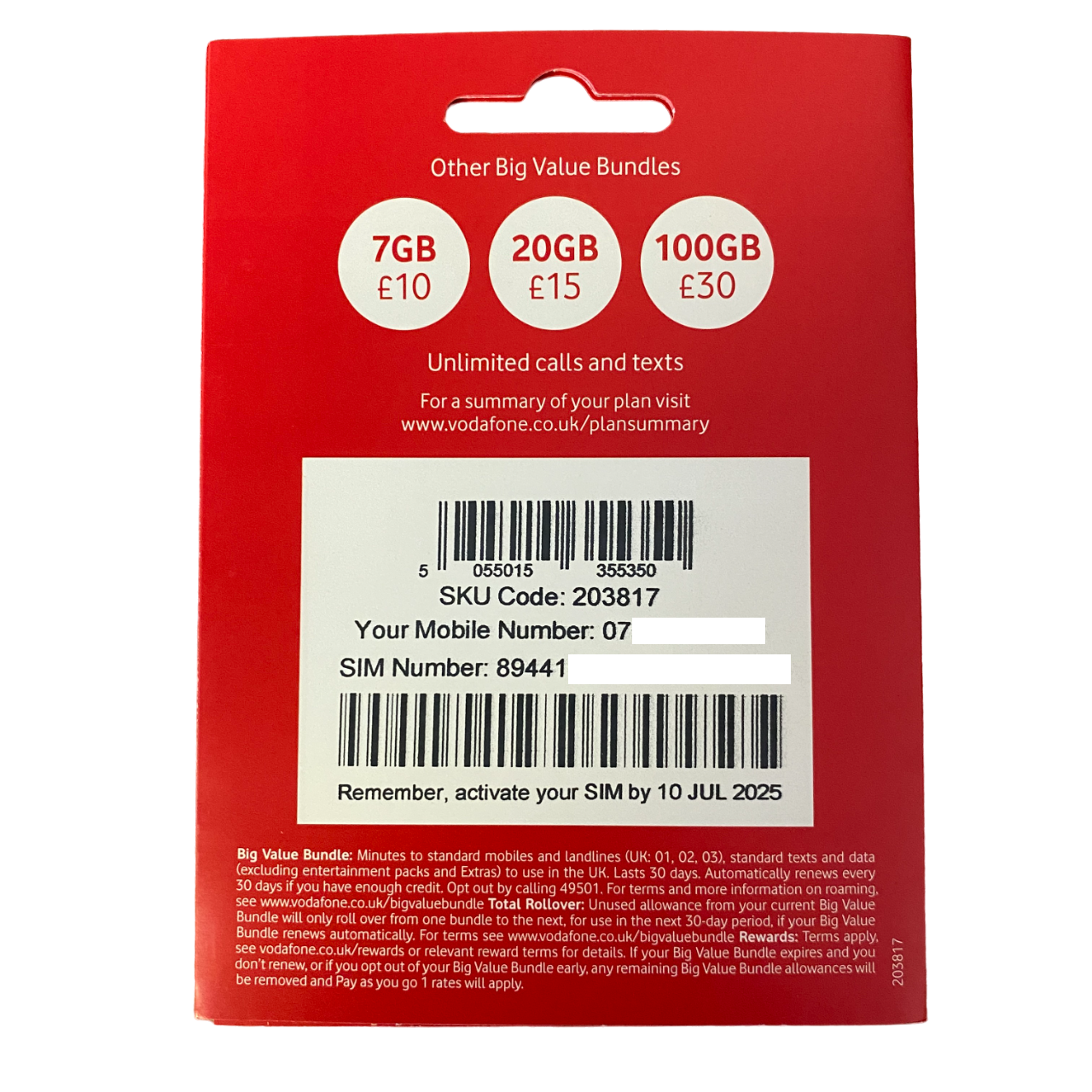 Carte SIM Vodafone Pay As You Go Forfait 30 jours - 20 £