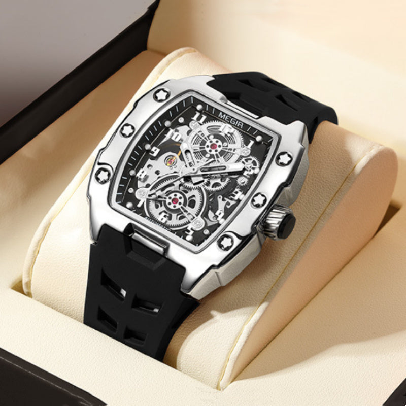 Montre de sport mécanique étanche en forme de tonneau pour hommes