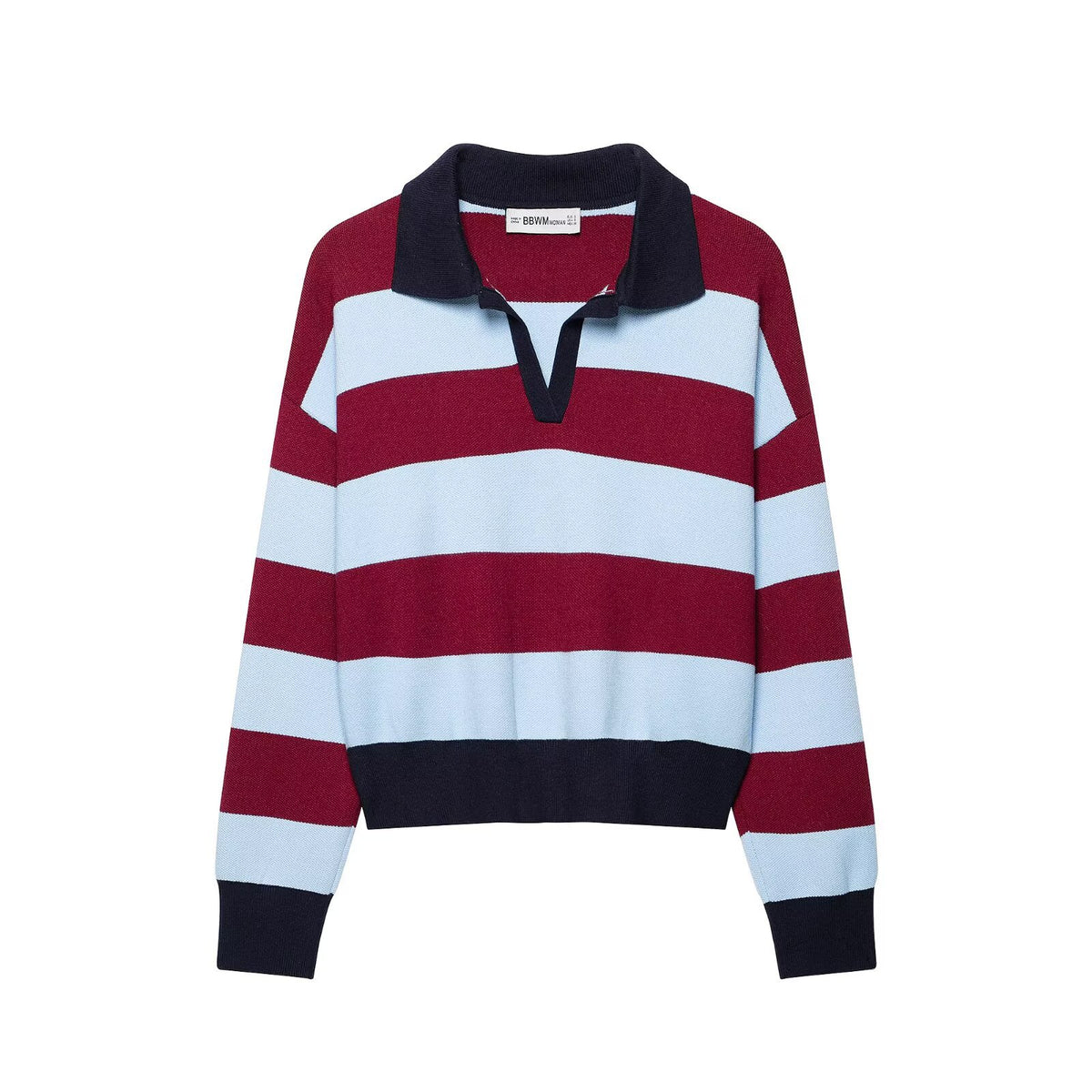Versatile casual minimalist polo collar long sleeved striped knit sweater for women