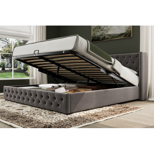 Upholstered Bed, With Hydraulic Lever, Functional Bed From Storage, 150 X 200 Cm, Without Mattress, Velvet, Gray