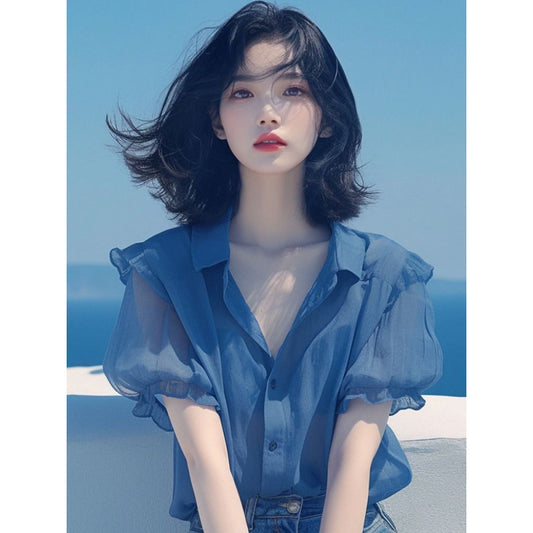 Blue Puff Sleeve Chiffon Small Shirt