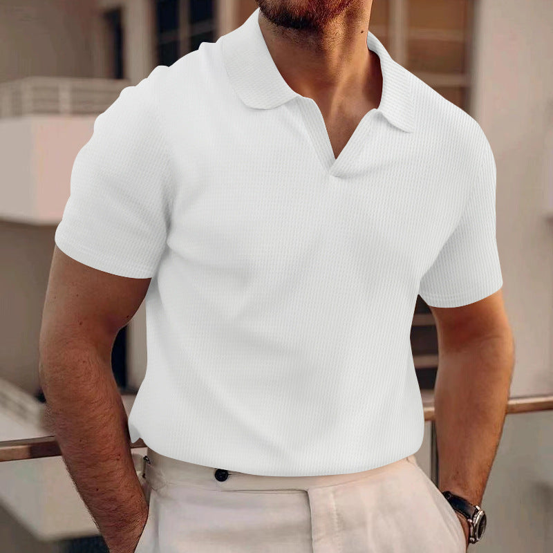 Waffle Lapel Short-sleeved V T-shirts