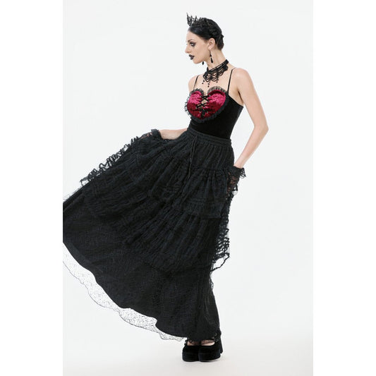 Dark in Love Morticia Gothic Velvet & Lace Skirt in Black