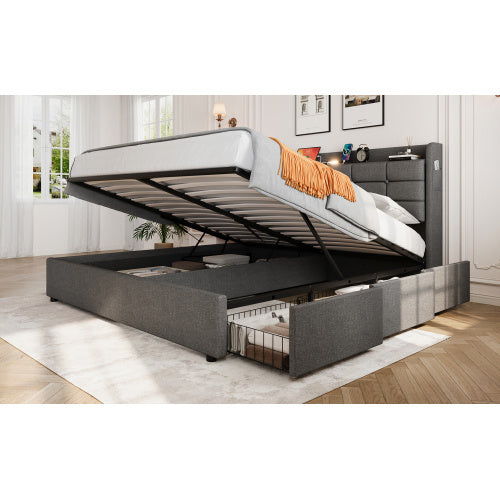5ft King Bed Frame With Hydraulic Storage, Linen Upholstered Bed With Concealed Headboard Storage And Drawers, Button Tufted Headboard With Charging Station And LED Night Light, Grey