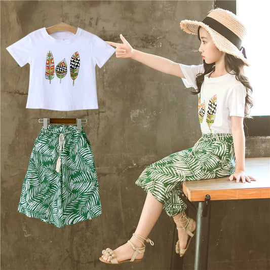 Leaf Printed Wide-leg Pants