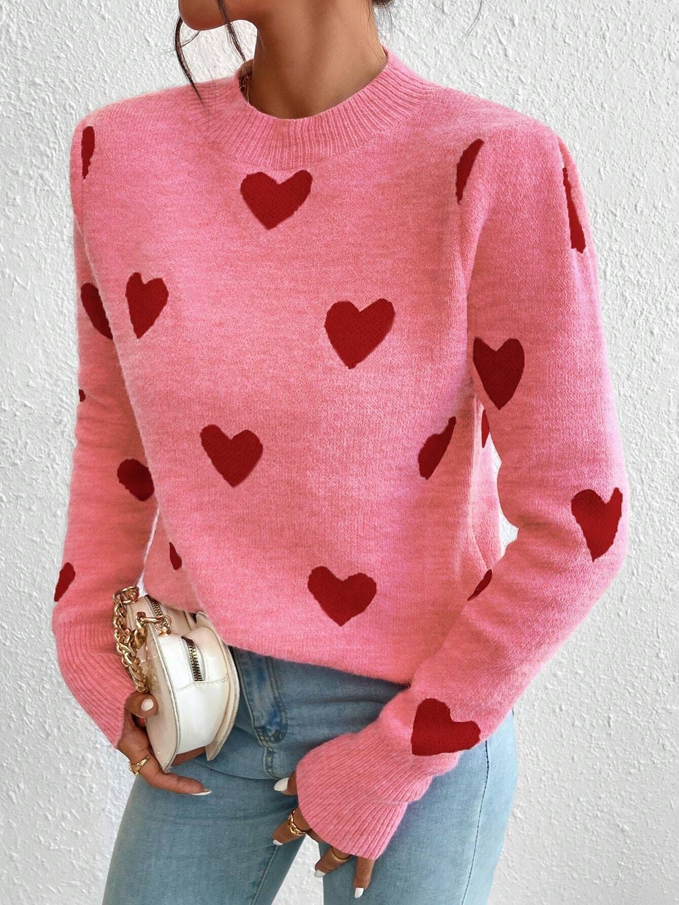 Pull en tricot à manches longues et col rond avec motif cœur jacquard