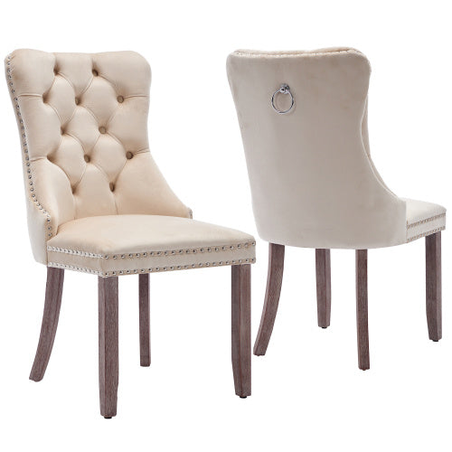 Modern Set Of 2 Upholstered Velvet Dining Chairs, Button Tufted Kitchen Lounge Chairs With Brushed Wood Legs, Riveted Trim And Knocker Ring, For Dining Room Living Room