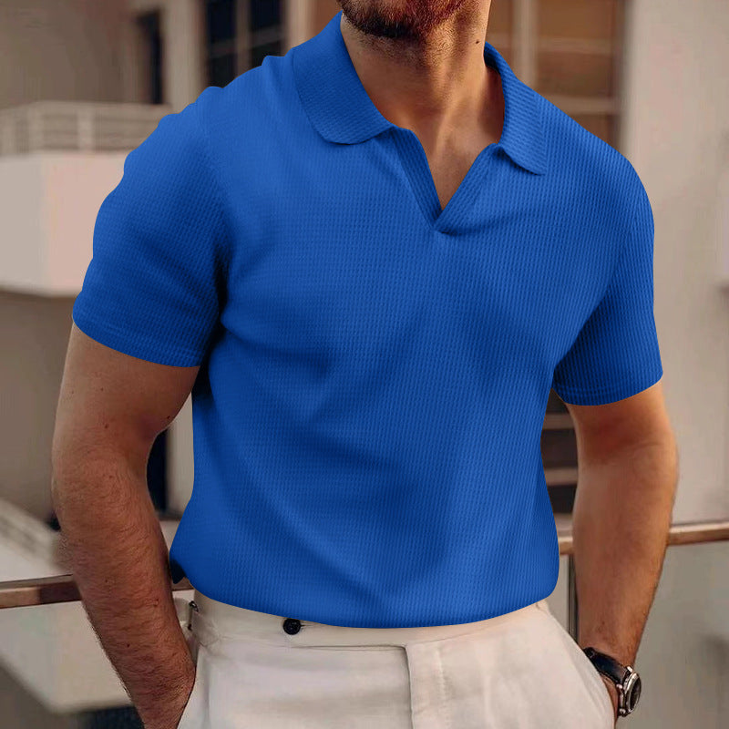 Waffle Lapel Short-sleeved V T-shirts