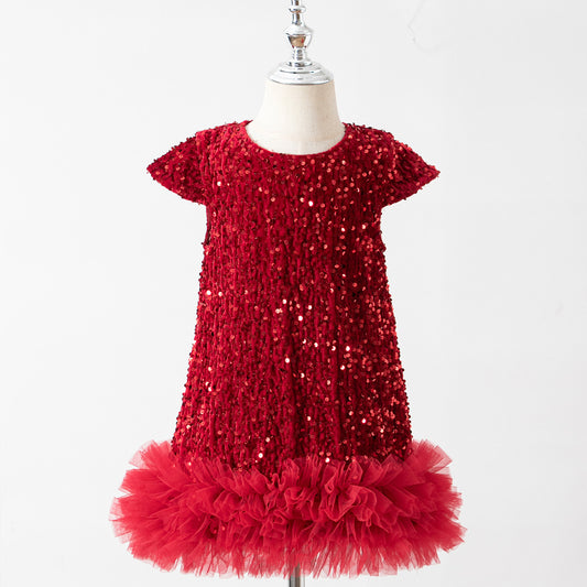 Fashion Girls Sequin Gauze Stitching Vest Dress