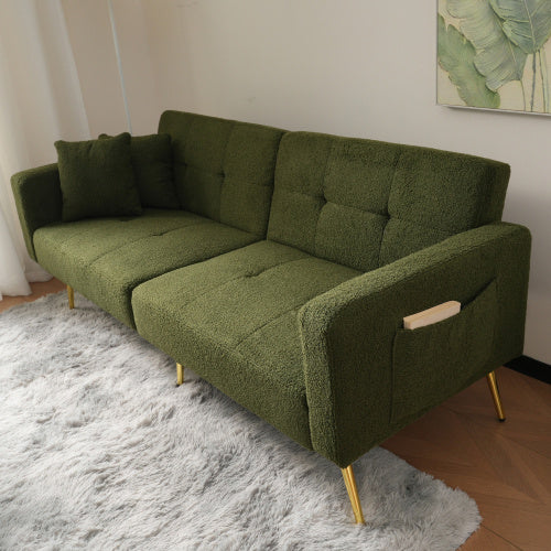 The Sofa Bed Has A Bed Function, Three Adjustable Backrest Angles, Gold Legs, Cushions And Side Storage Pockets.