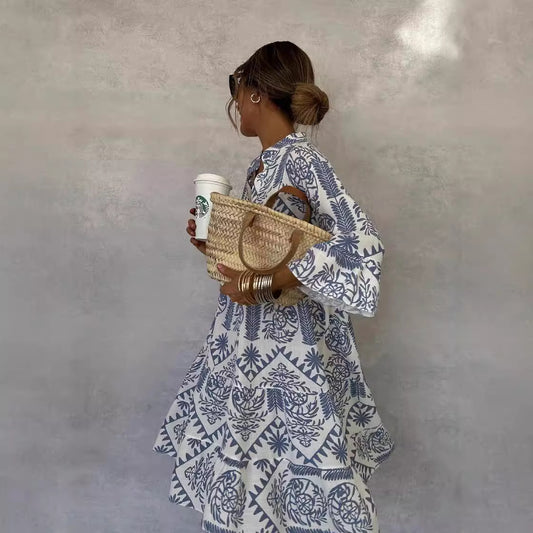 Women V-neck Flare Sleeve Ruffle Shirt Dress