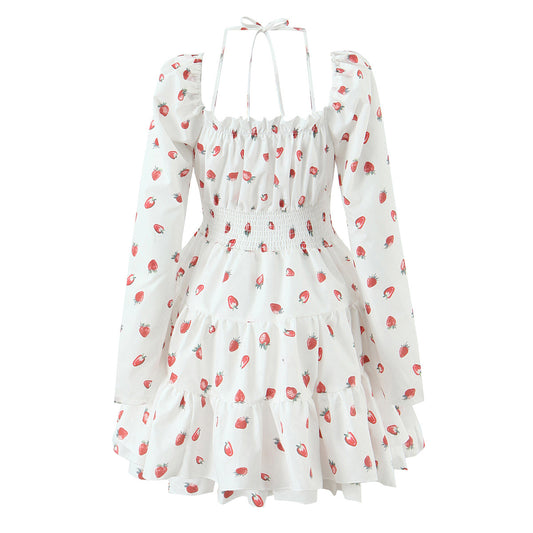 Strawberry Print Square Neck Bubble Sleeve Waist-tied Dress