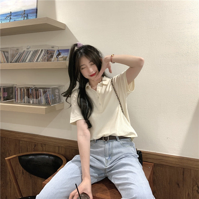 Retro Collar Pit Short-Seeved Women Loose Korean Style Ins Harajuku Style Sweater - Stuffs & Savers