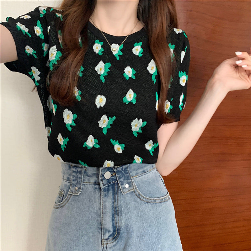 Retro Design Niche Flower Thin Knit Sweater Short Short Sleeve T-shirt Women - Stuffs & Savers