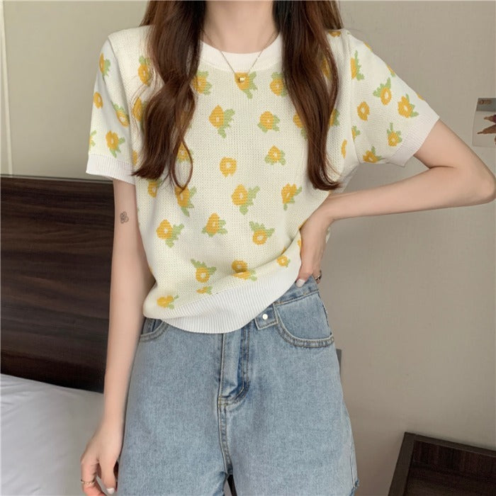 Pull fin à manches courtes et col ras du cou pour femme, style rétro, avec motif floral en niche