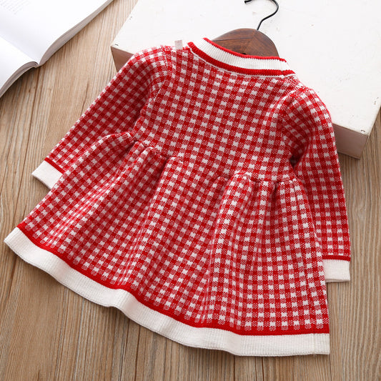 Girls Plaid Knitted Sweater Shirt Dress