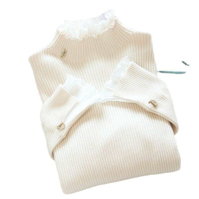 Half High Collar Bottom Sweater With Wooden Ear Edge Top For Women - Stuffs & Savers