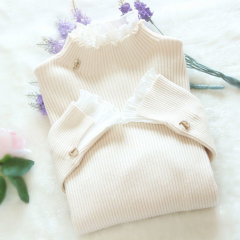 Half High Collar Bottom Sweater With Wooden Ear Edge Top For Women - Stuffs & Savers
