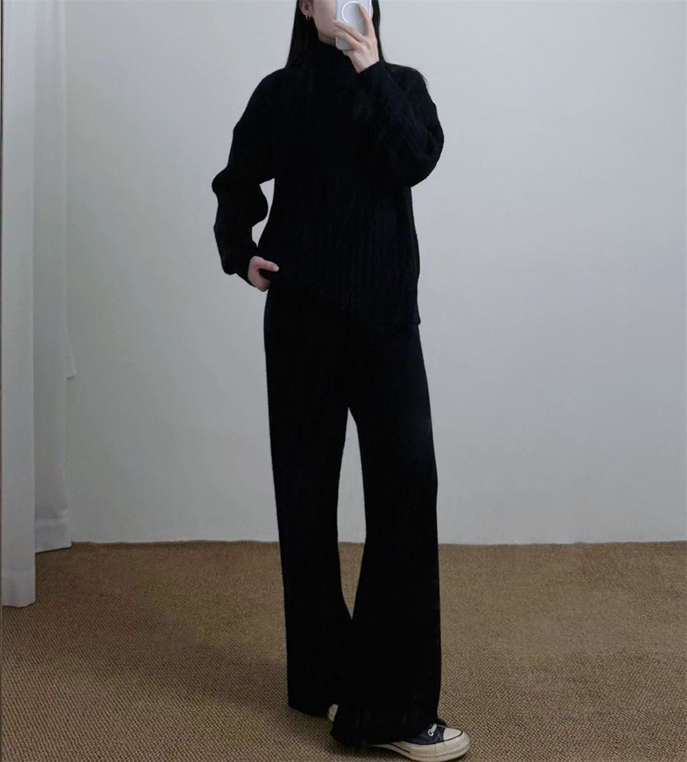 Collar sweater solid color straight leg pants two-piece set
