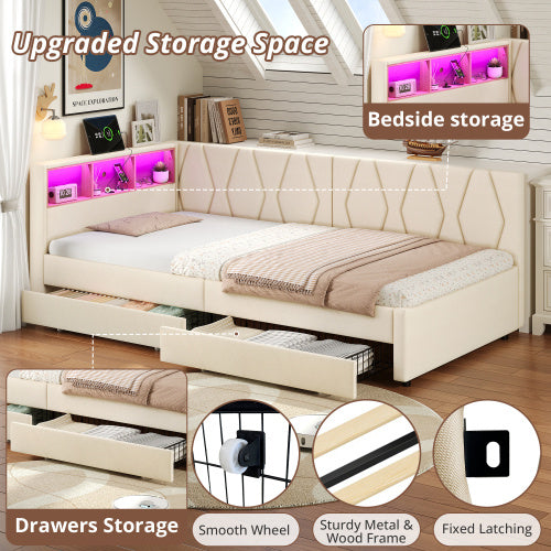3ft Single Daybed With Two Storage Drawers, LED Modern Bed Frame With Charging Station, Linen Sofa Bed For Living Room Bedroom Study Room, 90X190cm, Easy Assembly, Beige