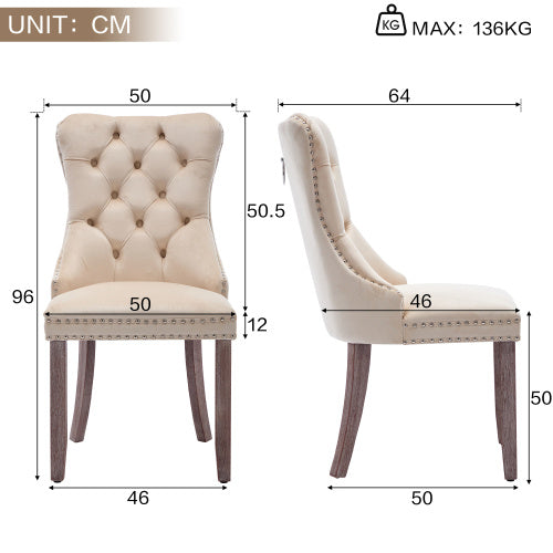 Modern Set Of 2 Upholstered Velvet Dining Chairs, Button Tufted Kitchen Lounge Chairs With Brushed Wood Legs, Riveted Trim And Knocker Ring, For Dining Room Living Room