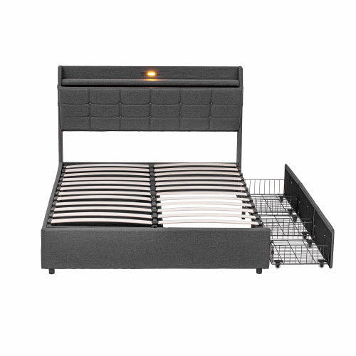 5ft King Bed Frame With Hydraulic Storage, Linen Upholstered Bed With Concealed Headboard Storage And Drawers, Button Tufted Headboard With Charging Station And LED Night Light, Grey