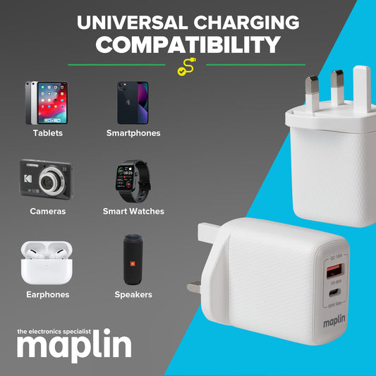 Chargeur mural USB 2 ports 65W Maplin 1x USB-A 1x USB-C GaN PD