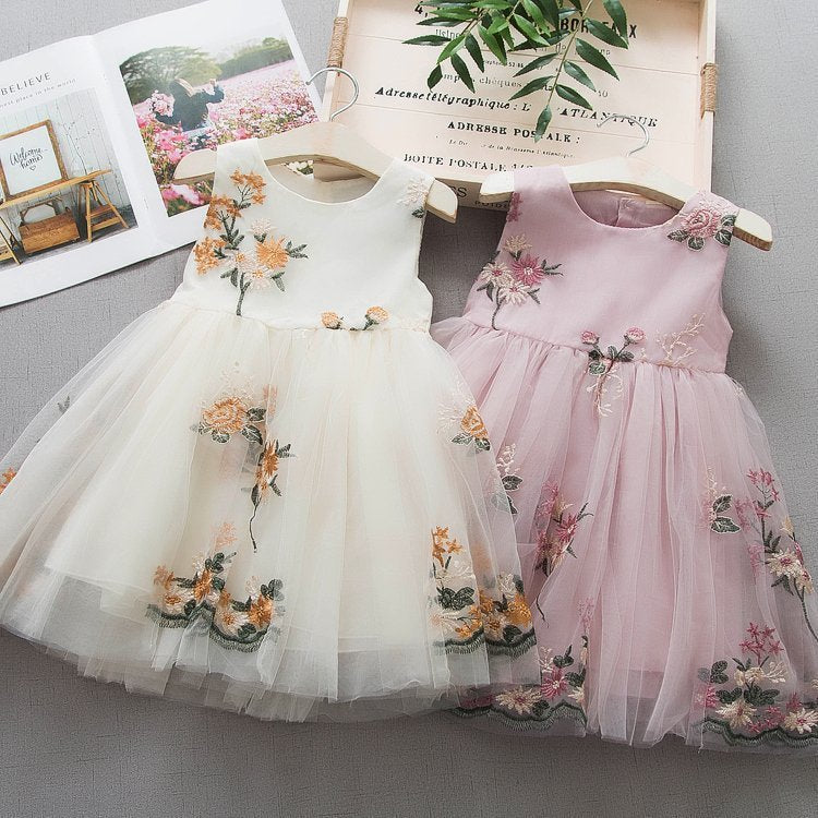 Robe sans manches à bretelles en coton brodé pour filles