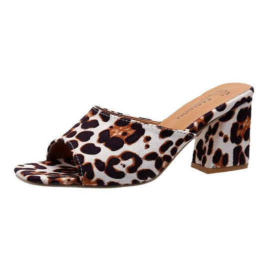 Sandales d'été à bout carré léopard et talons hauts pour femmes