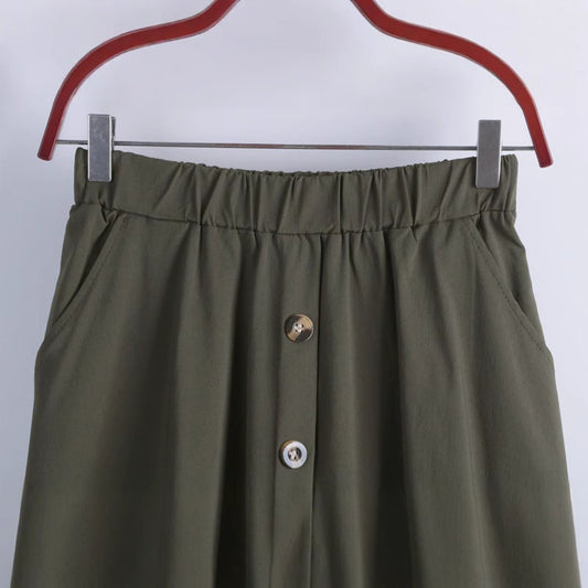 Button Elastic Waist Big Hem Skirt