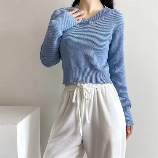 V-neck Thick Pullover Cropped Sweater