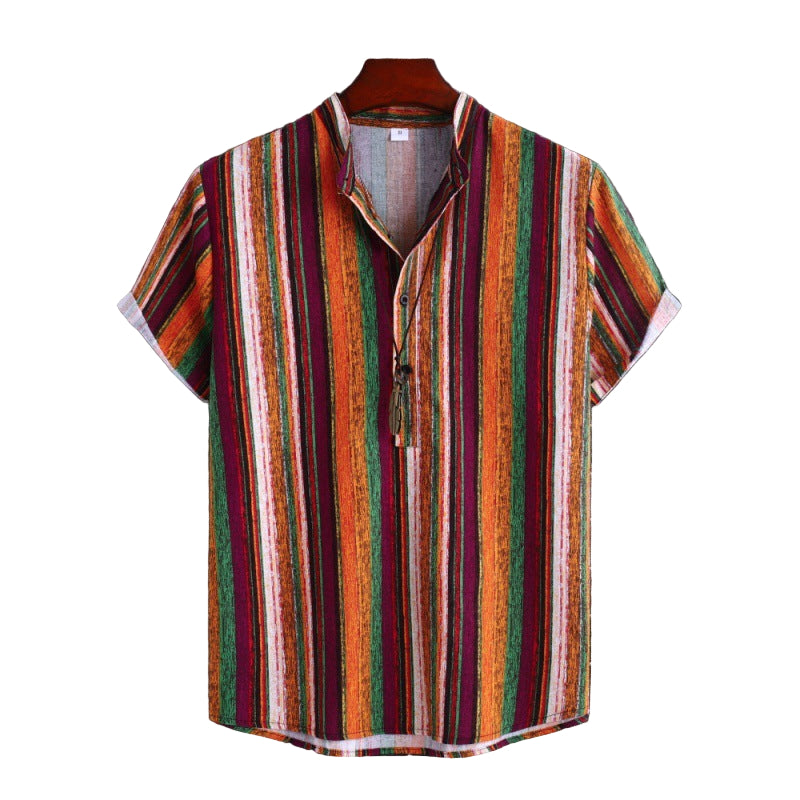 Chemise Homme Col Droit Style Ethnique Rayée Coton-Lin Mode Décontractée Manches Courtes
