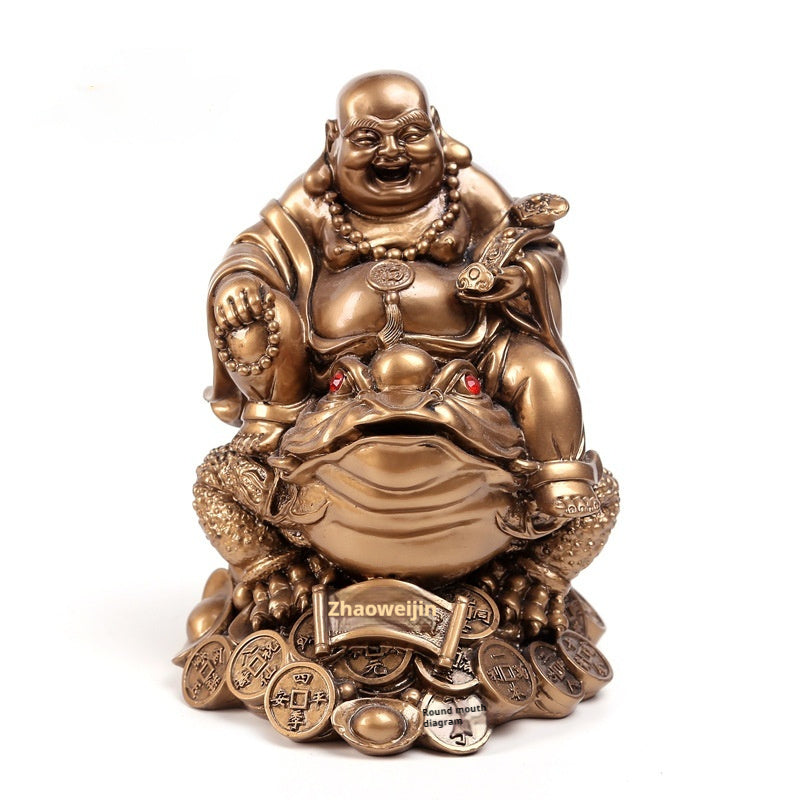 Ornement de Bouddha Maitreya en cuivre assis sur un crapaud doré