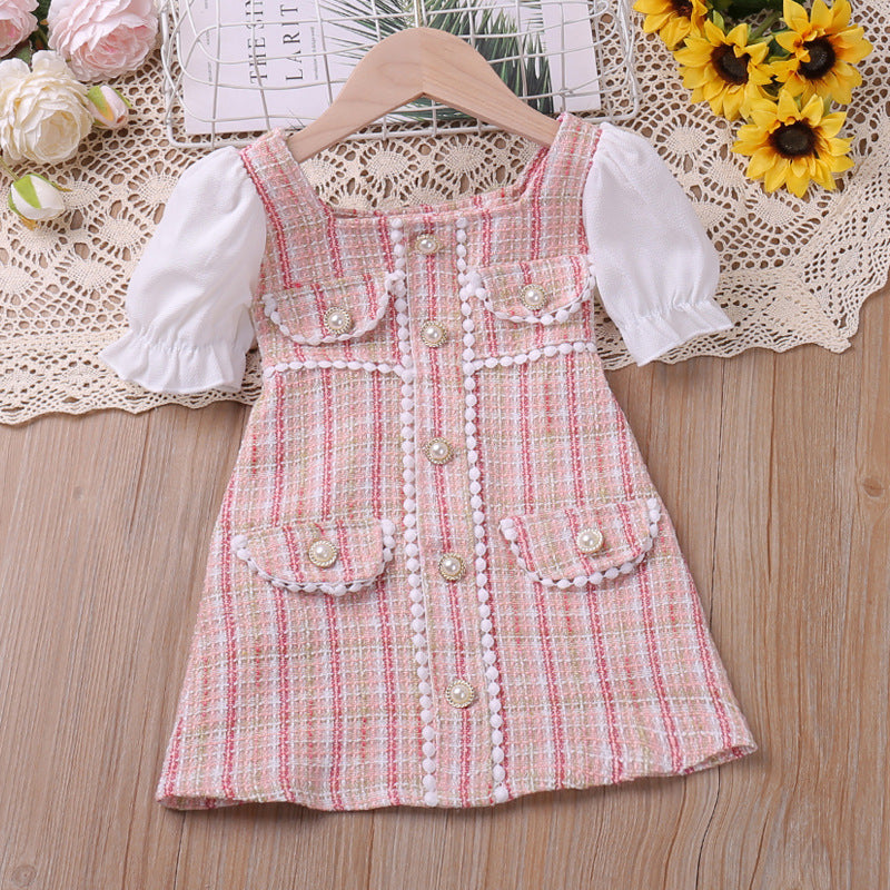 Robe Bouffante Classique à Carreaux avec Boucle Perle