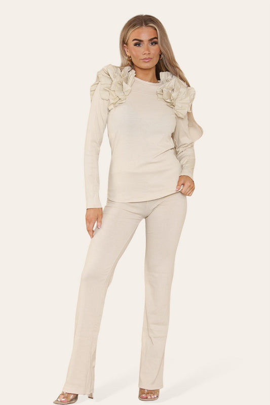 Ruffle Frill Shoulder Ribbed Loungewear Set