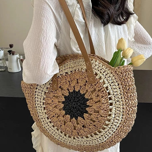 Paper rope hollow out colorful round plate grass woven bag casual beach bag one shoulder fashionable woven bag