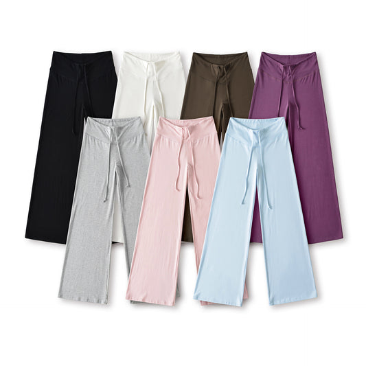 Solid color loose wide leg hanging drawstring straight leg pants