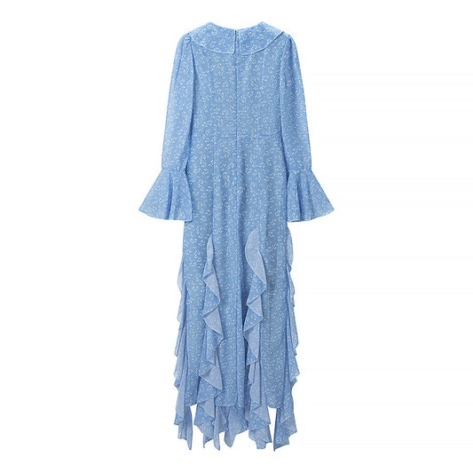 Elegant ruffle edge slim fit and slimming trumpet sleeve dress