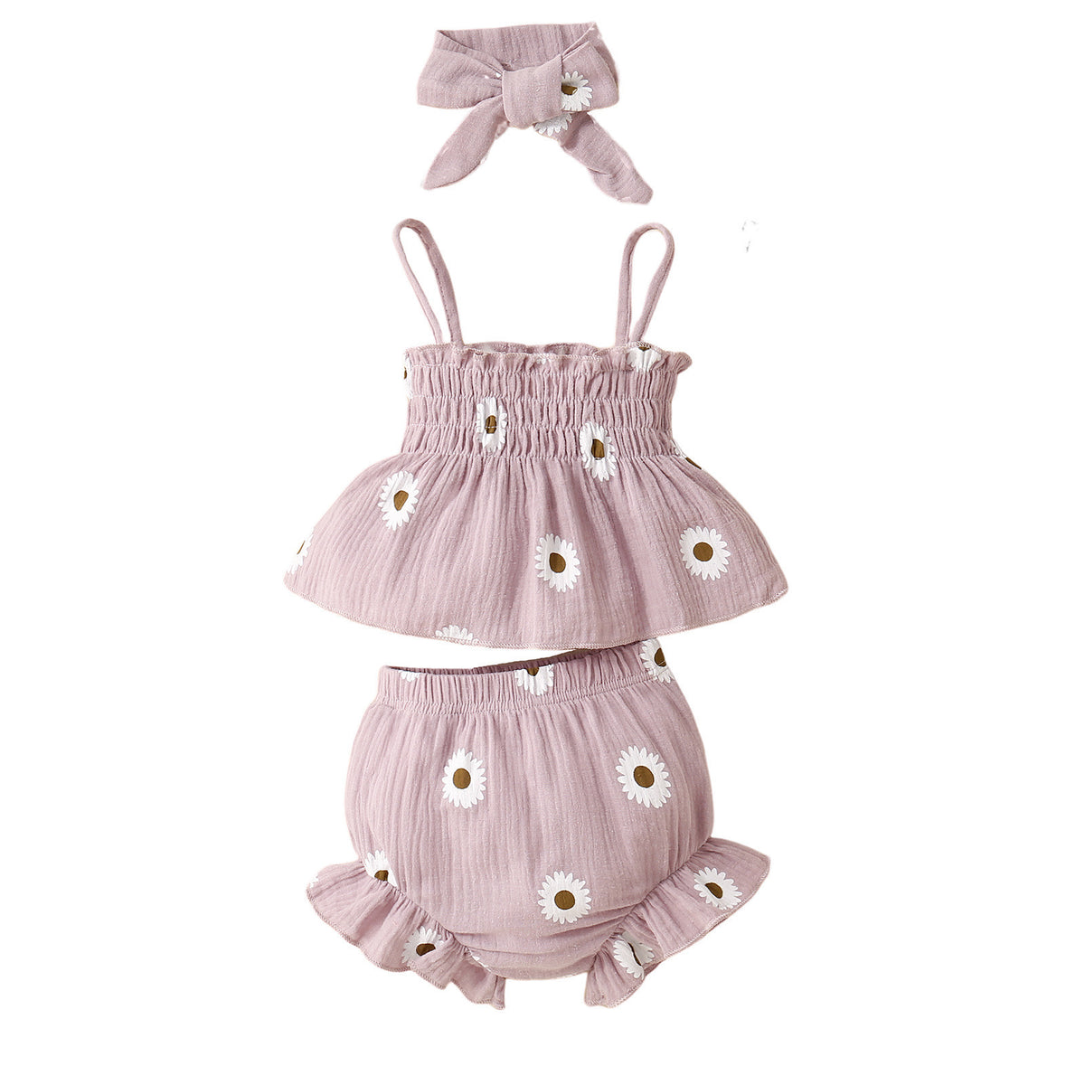 Ensemble trois pièces short à bretelles, jupe et foulard à rayures pour bébé