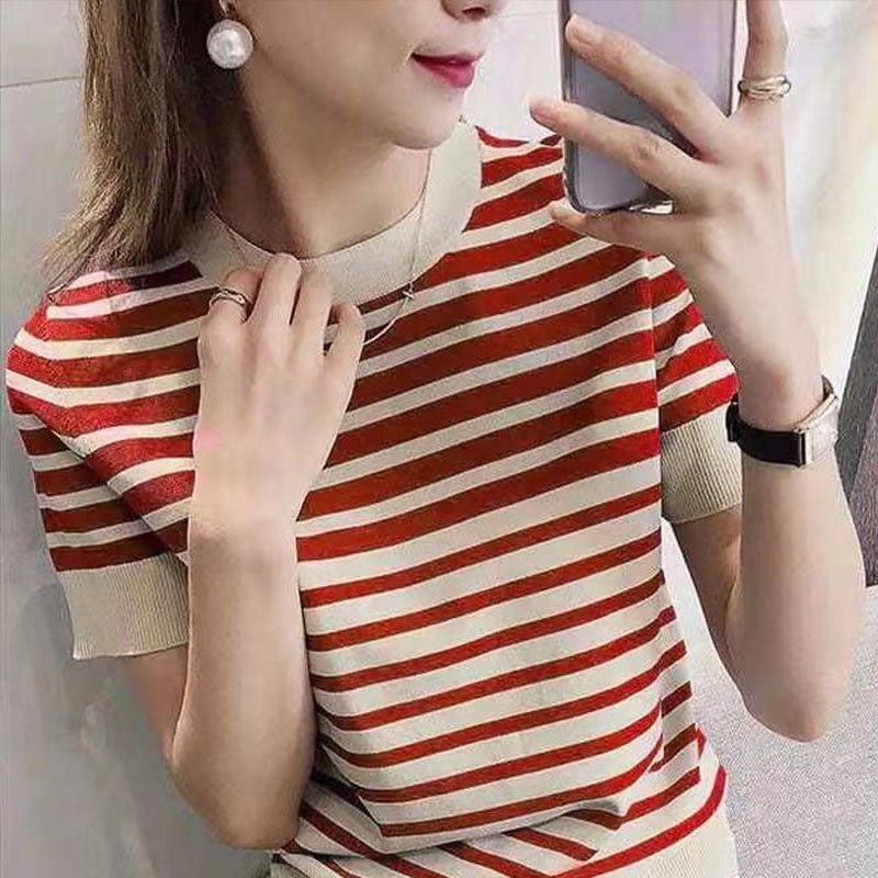 Pull en soie glacée, nouveau haut rayé à col rond ample pour femmes