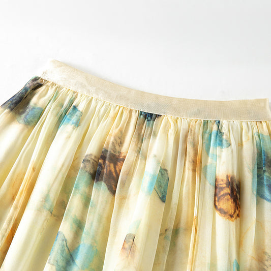 Stylish Lightweight Chiffon Long Skirt with Delicate Peony Print Summer Fashionable Casual Dress