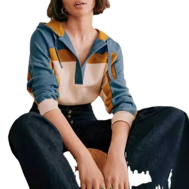 Sweat-shirt à capuche décontracté tendance avec coutures, pull en tissu éponge à manches longues, polyvalent