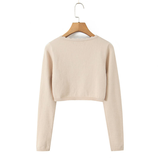 Round neck wavy lace long sleeved cardigan casual knit sweater