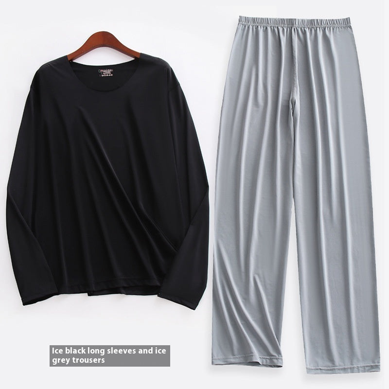 Spring Summer Ultra-thin Men's Long-sleeved Cropped Trousers Pajamas Suit