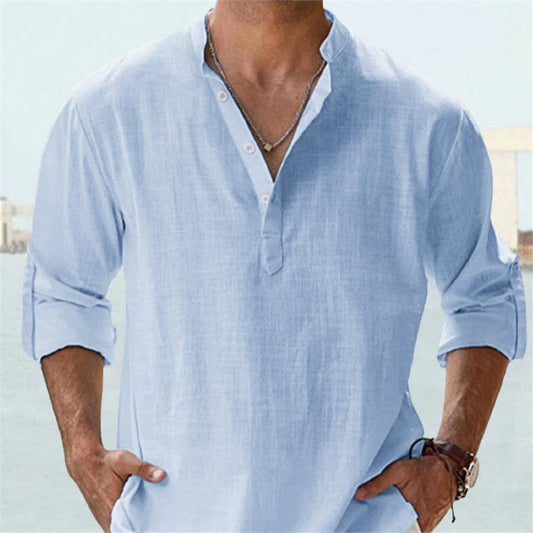 Chemise décontractée ample à revers en coton à manches longues de couleur unie pour homme