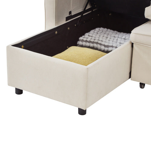 L-Shaped Pull Out Sleep Sofabed, Modern Reversible Sleeper Sectional Sofa, 3 In 1 Convertible Sofa Bed With Storage Chaise, Drop-Down Table, Cup Holders And Charging Ports