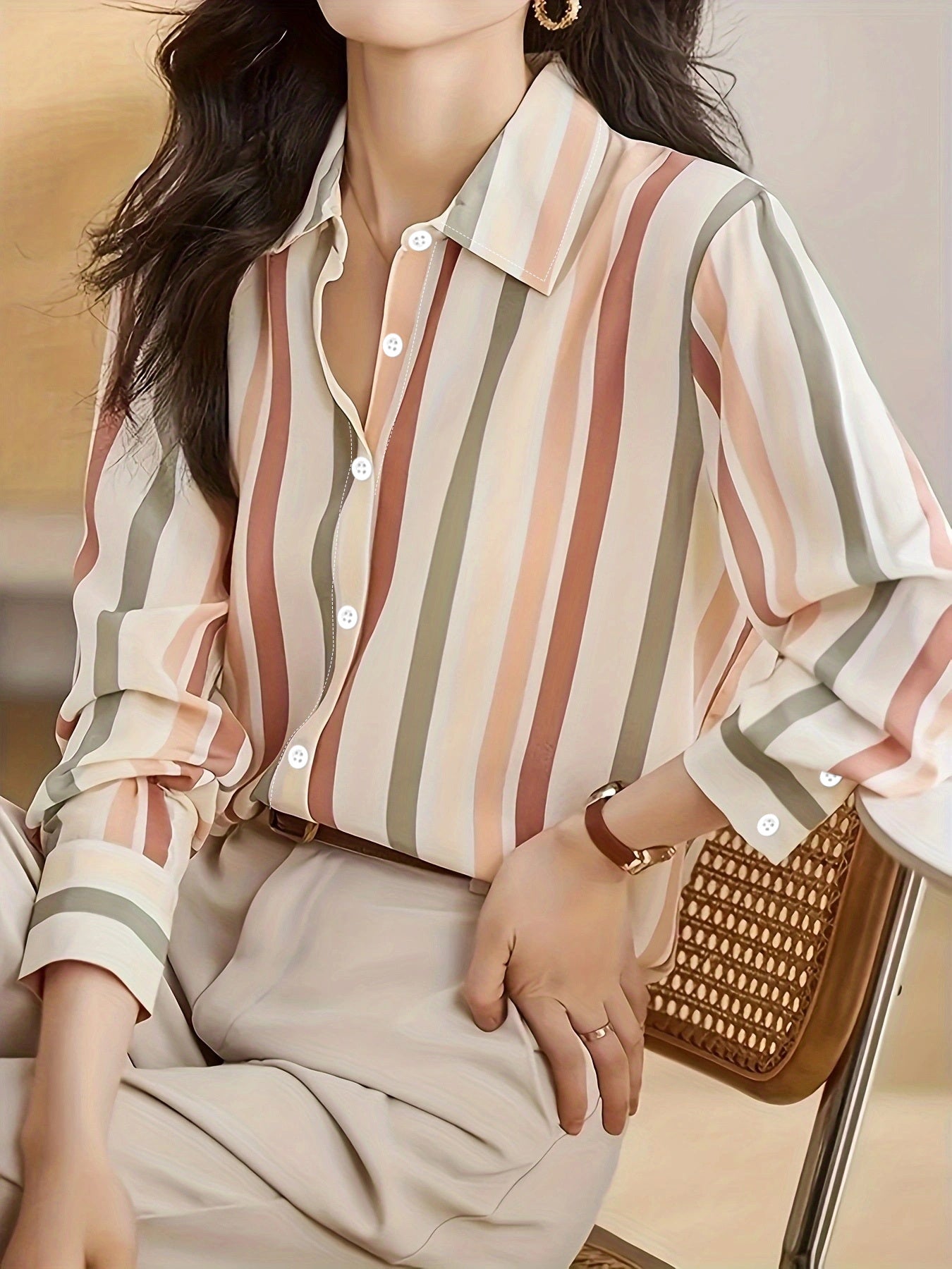 Chemise décontractée polyvalente à manches longues rayée imprimée pour femmes