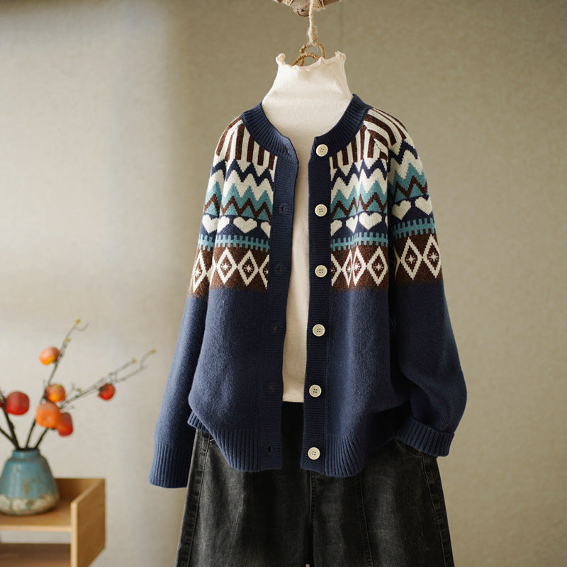 Pull Jacquard Col Rond Rétro Love Shuqiu Femme
