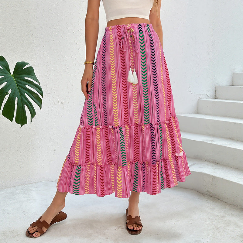 Ethnic Striped Tassel Maxi Skirt