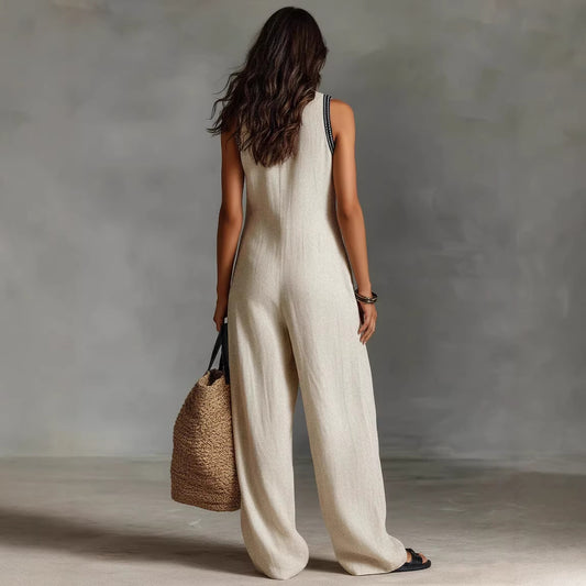 Women's Linen-Blend Sleeveless Jumpsuit | Loose Waist Full-Length